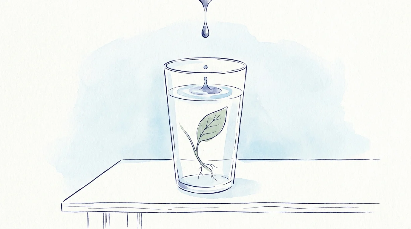 A minimalist watercolor of a glass of water with a leaf inside, symbolizing water assistance and conservation.
