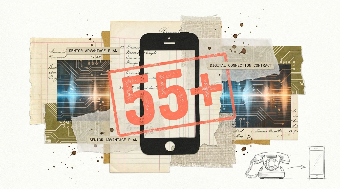 A mixed-media collage with a large 55 plus stamp and abstract smartphone shapes.