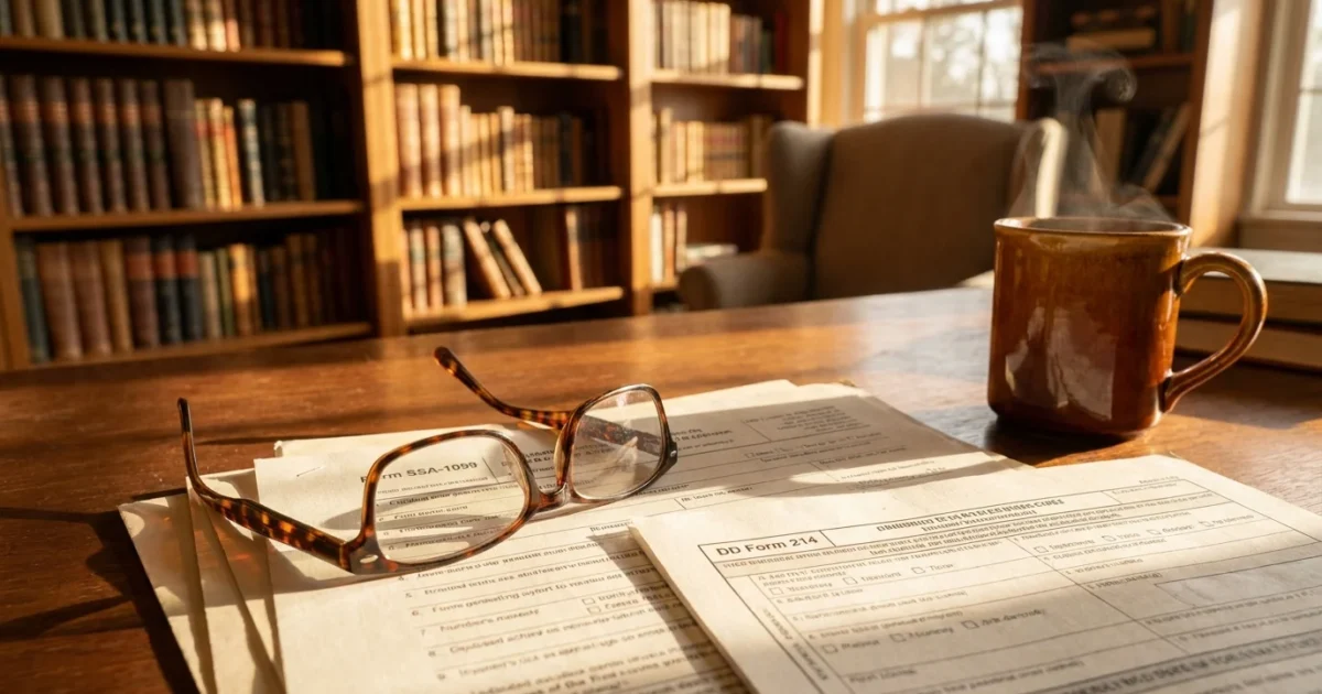 A pair of reading glasses on a stack of official government forms like SSA-1099 on a wooden desk in a sunlit home office.