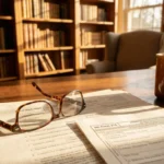 A pair of reading glasses on a stack of official government forms like SSA-1099 on a wooden desk in a sunlit home office.