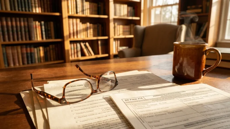 A pair of reading glasses on a stack of official government forms like SSA-1099 on a wooden desk in a sunlit home office.