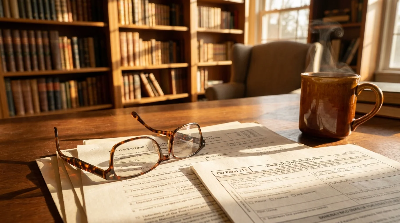 A pair of reading glasses on a stack of official government forms like SSA-1099 on a wooden desk in a sunlit home office.