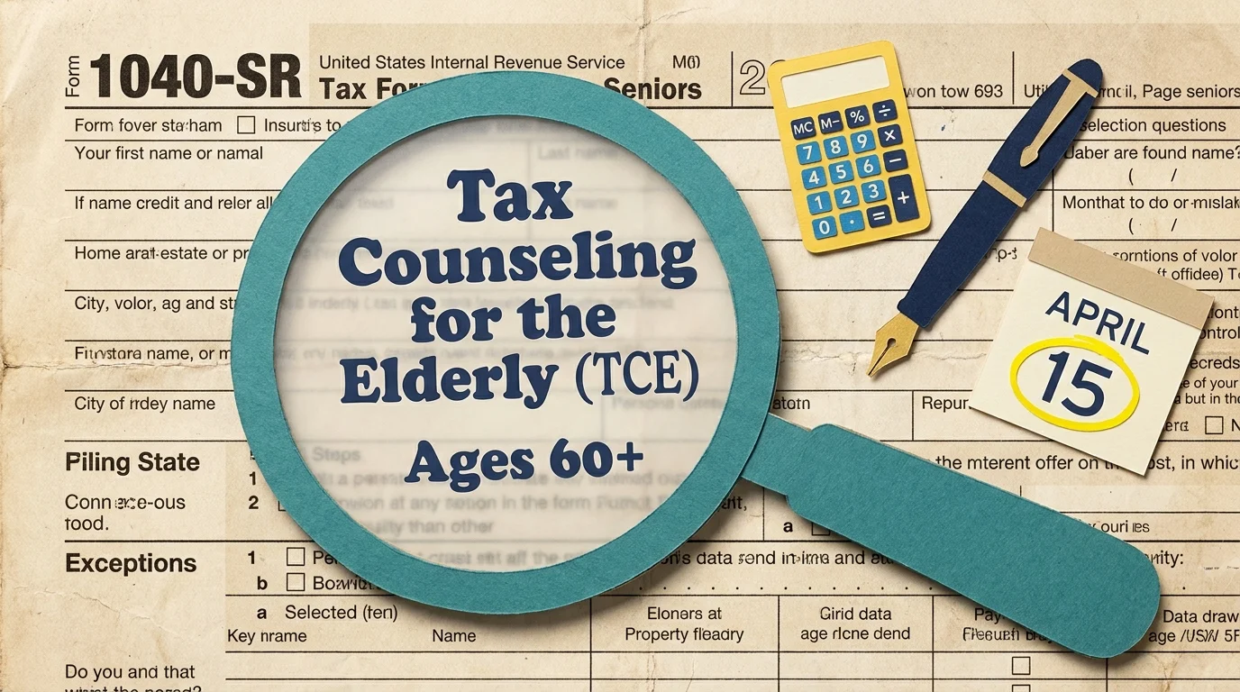 A paper-cut collage featuring a magnifying glass over a tax form, highlighting the Tax Counseling for the Elderly program.