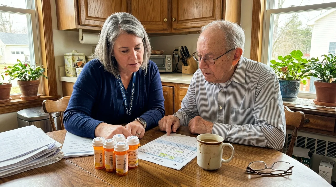 A parish nurse sits at a kitchen table with a senior man, reviewing his medication bottles and a chart.