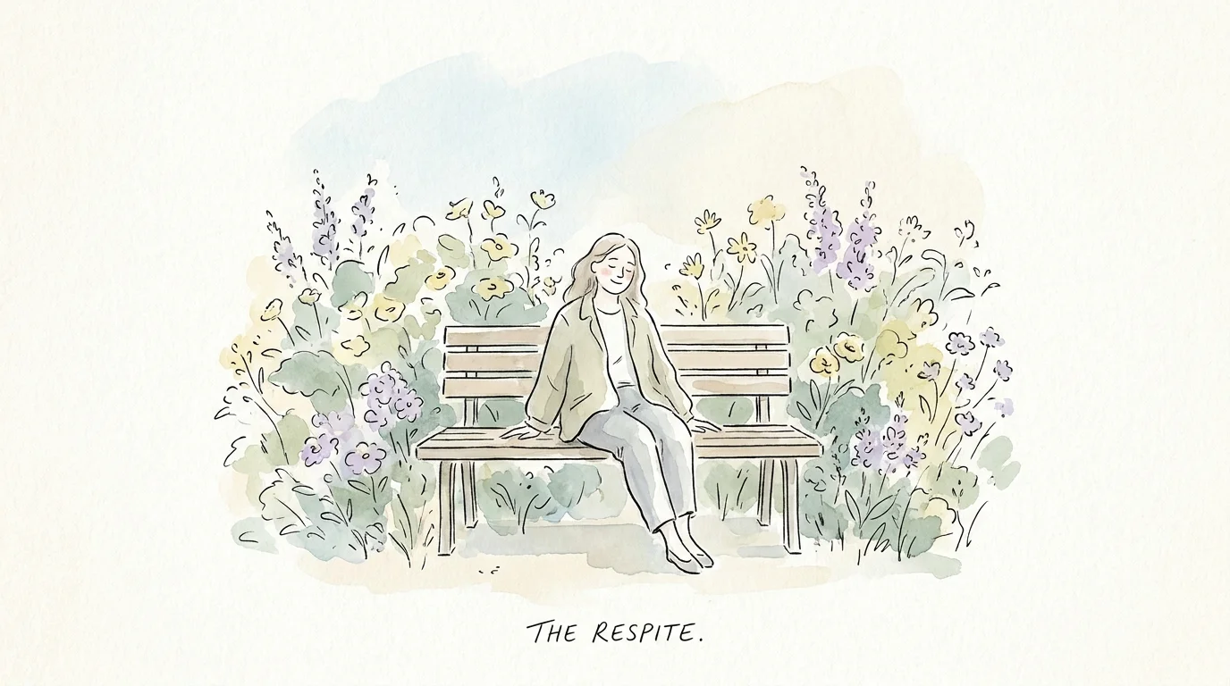A peaceful watercolor of a woman sitting in a garden with her eyes closed, representing rest.