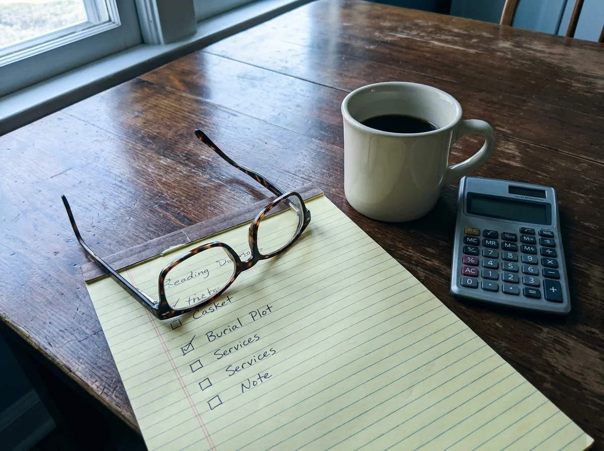 A photograph of a handwritten list of funeral expenses next to reading glasses and a calculator on a wooden table.