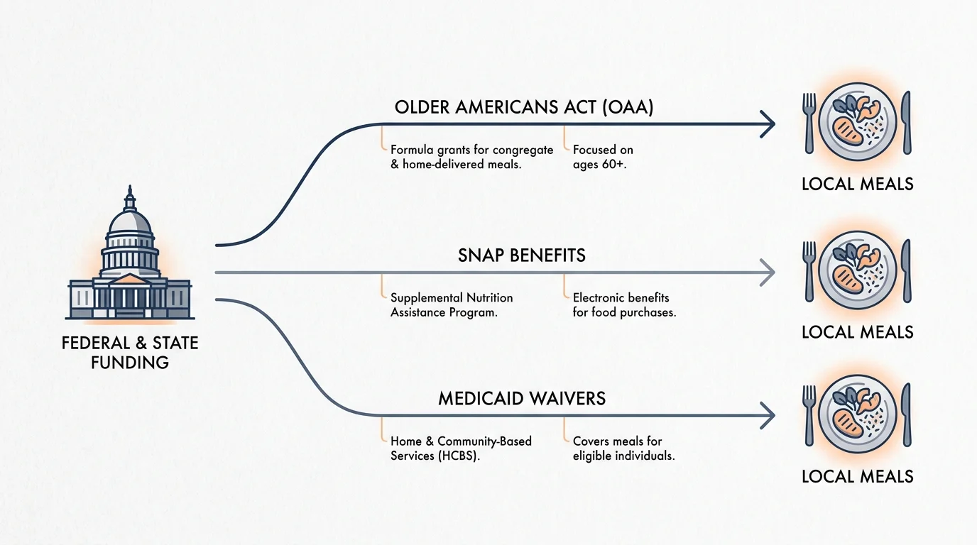 A professional diagram showing the flow of government funding through the Older Americans Act and SNAP into senior meal programs.