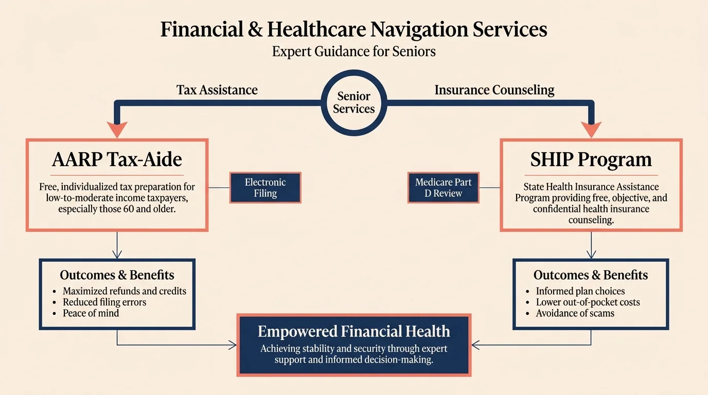A professional flowchart showing the pathways for free tax preparation and health insurance counseling services.