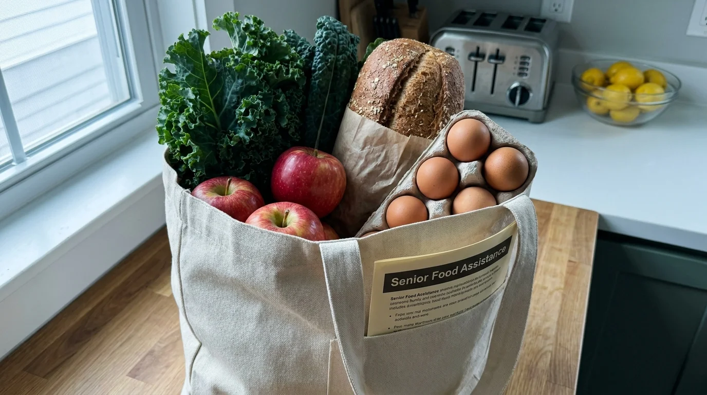 A reusable grocery bag filled with fresh vegetables and bread, with a 'Senior Food Assistance' flyer visible.