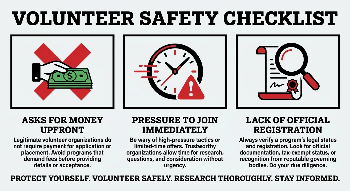 A safety checklist infographic showing red flags to watch for when volunteering, such as requests for money or high-pressure tactics.