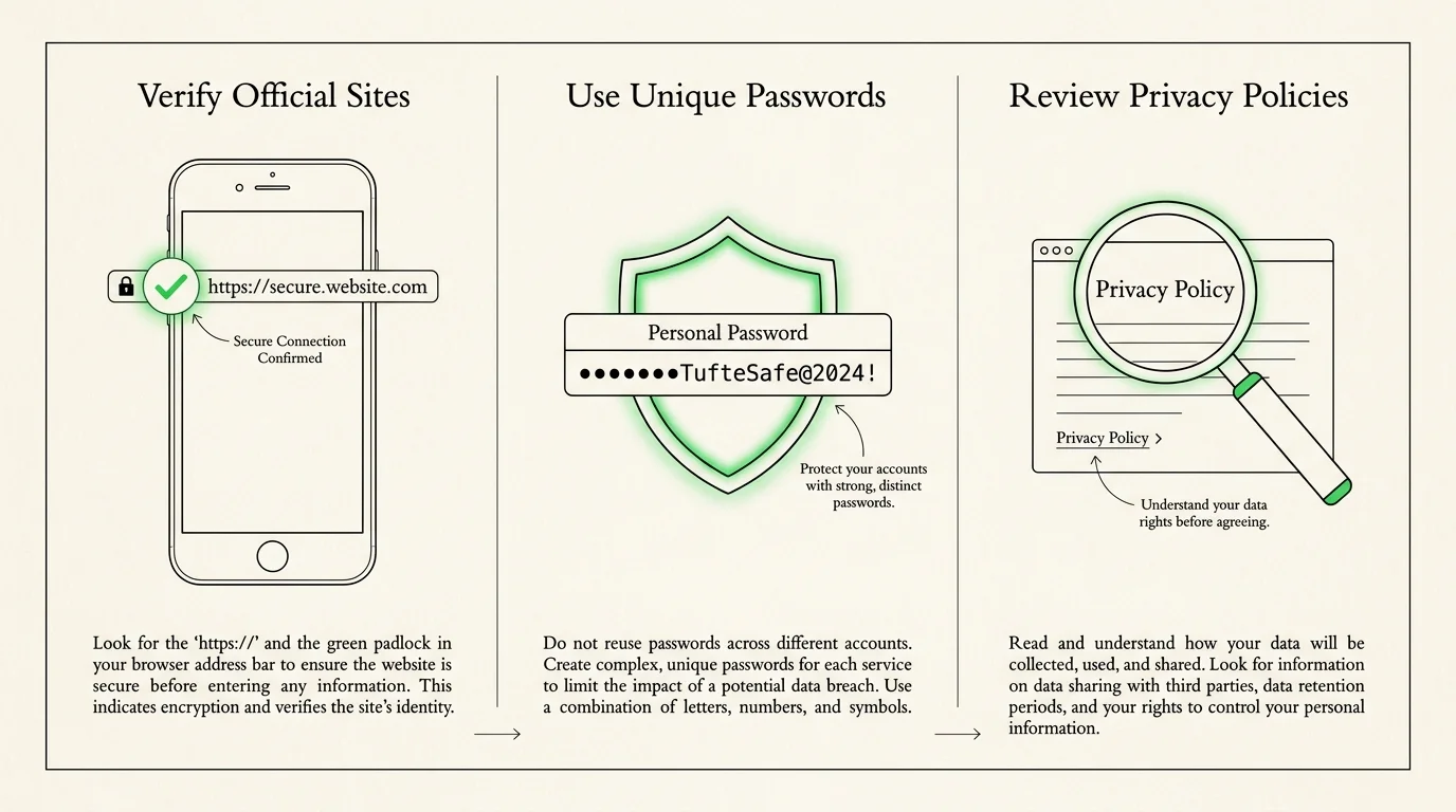 A safety diagram with icons for secure websites, password protection, and checking privacy policies.