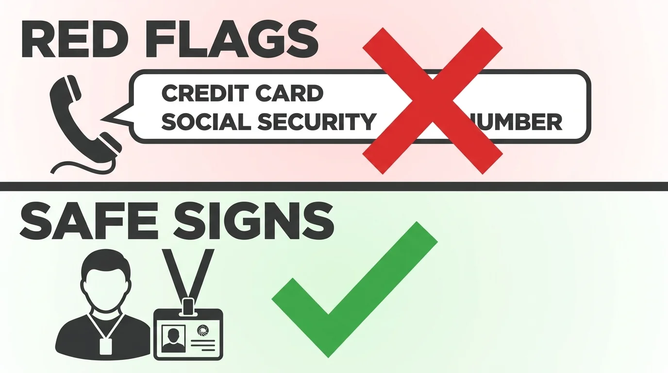 A safety infographic contrasting scam 'Red Flags' like asking for credit card info against 'Safe Signs' like official identification.