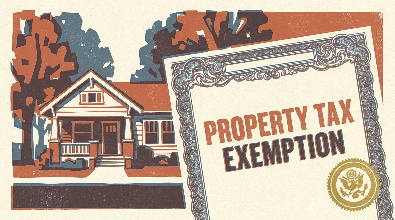 A screenprint-style illustration of a house next to an official document for property tax exemption.