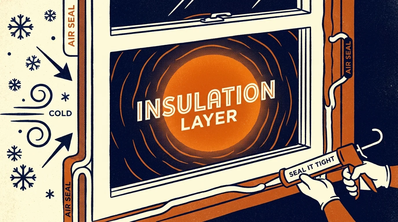 A screenprint-style illustration showing a window being sealed against the cold, with a warm orange glow inside and blue wind outside.