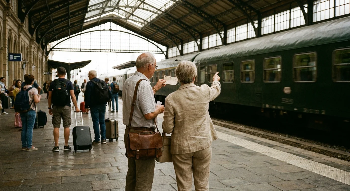 A senior couple at a train station platform, looking at their travel tickets in a nostalgic film style.