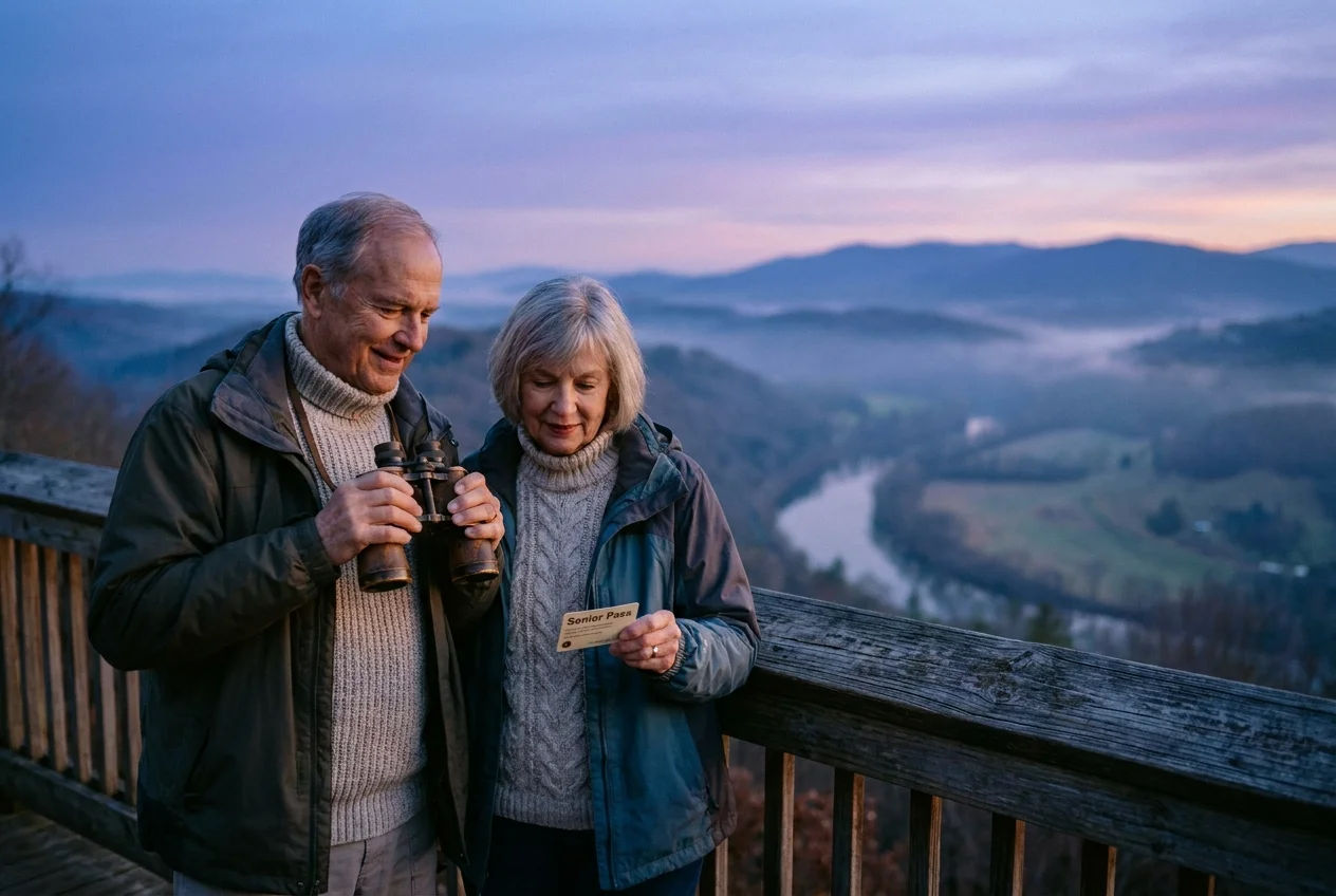 A senior couple enjoys a scenic mountain view while holding a national recreation pass.