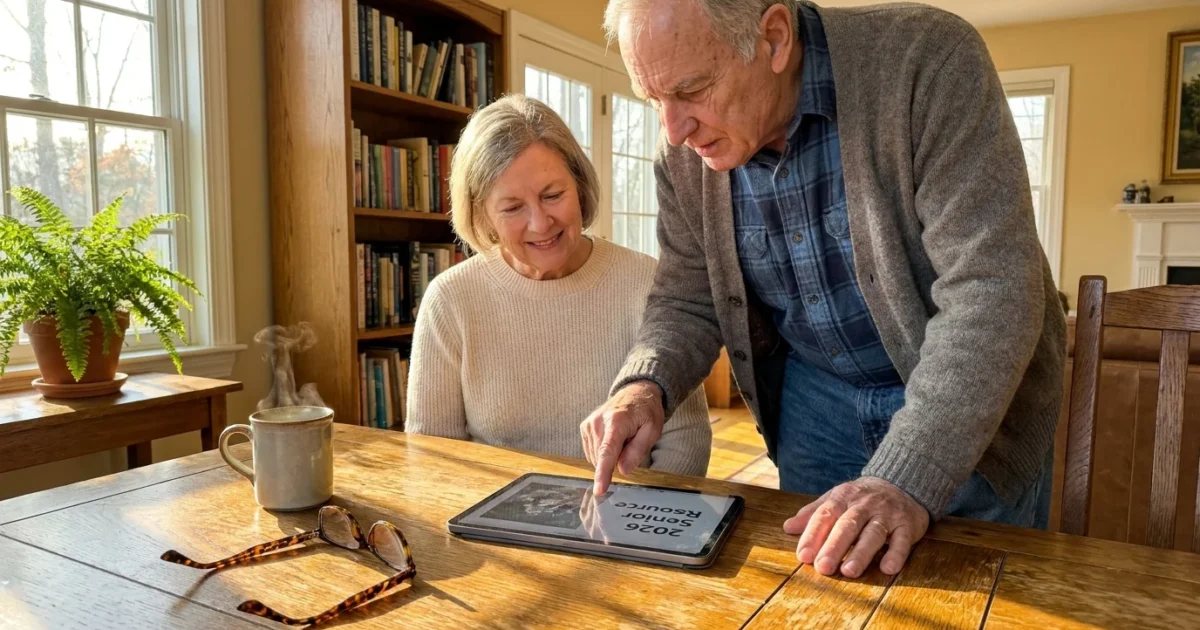 A senior couple sits at a sunny kitchen table looking at a tablet displaying a 2026 Senior Resource Guide.