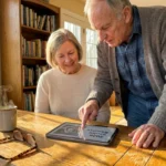 A senior couple sits at a sunny kitchen table looking at a tablet displaying a 2026 Senior Resource Guide.