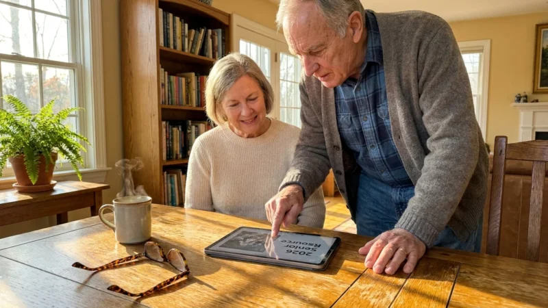 A senior couple sits at a sunny kitchen table looking at a tablet displaying a 2026 Senior Resource Guide.