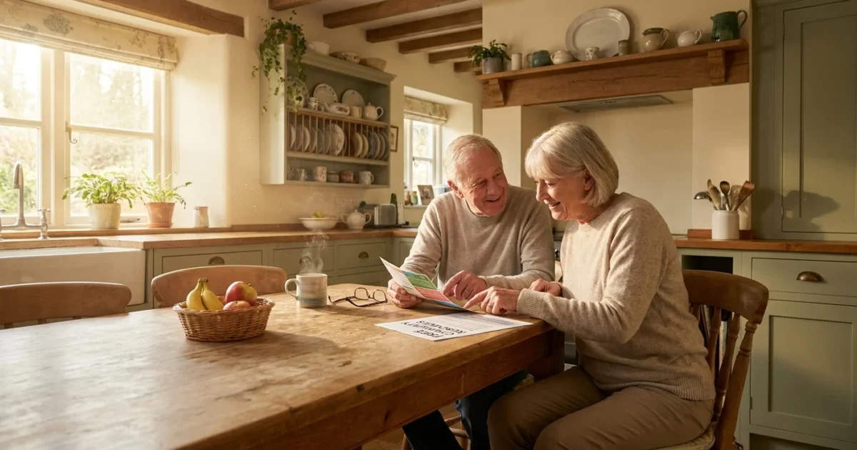 A senior couple sits at a sunny kitchen table reviewing a brochure titled 'Free Community Resources' while drinking coffee.