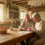 A senior couple sits at a sunny kitchen table reviewing a brochure titled 'Free Community Resources' while drinking coffee.