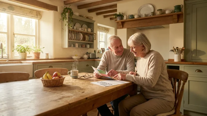 A senior couple sits at a sunny kitchen table reviewing a brochure titled 'Free Community Resources' while drinking coffee.