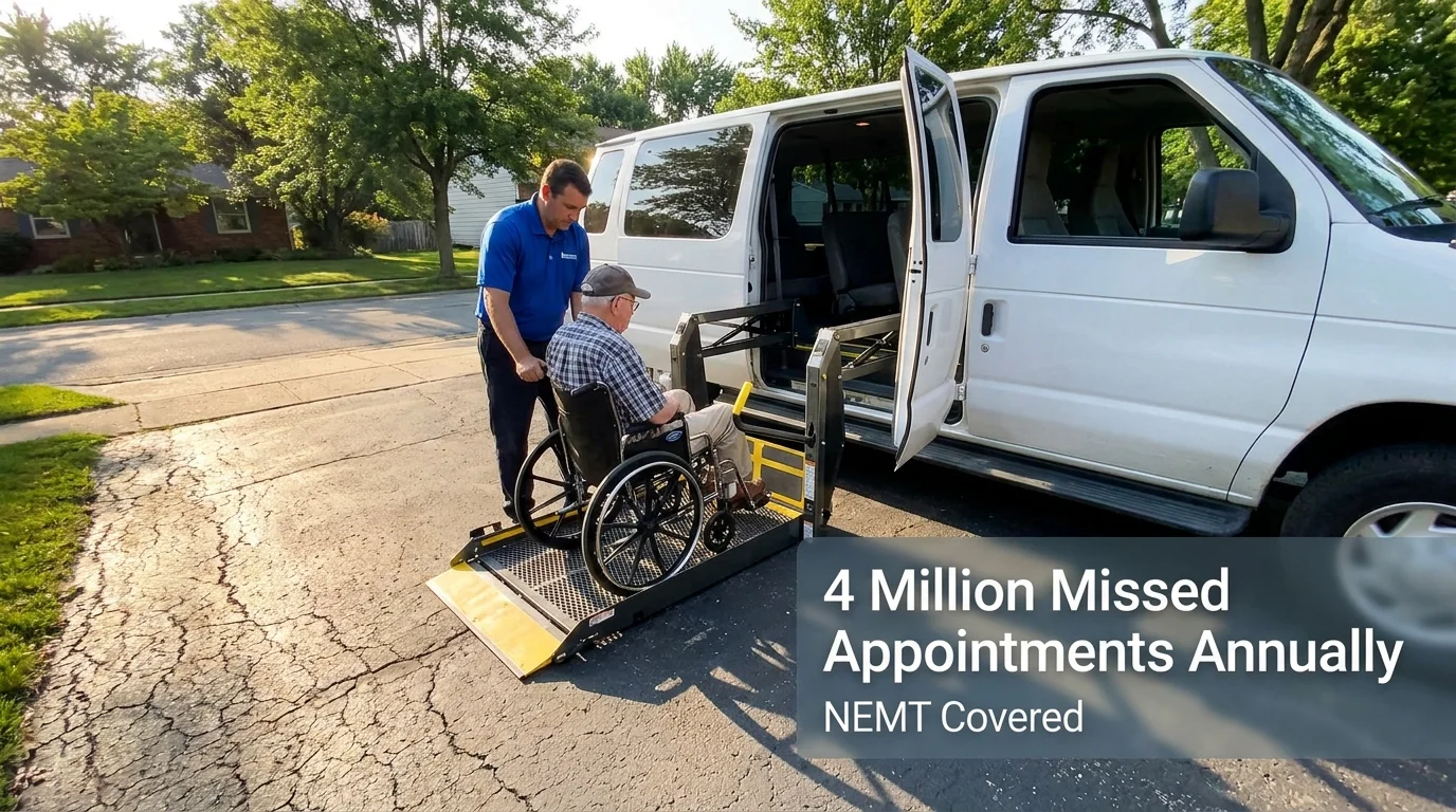 A senior in a wheelchair is assisted into a transport van for a medical appointment, illustrating NEMT services.