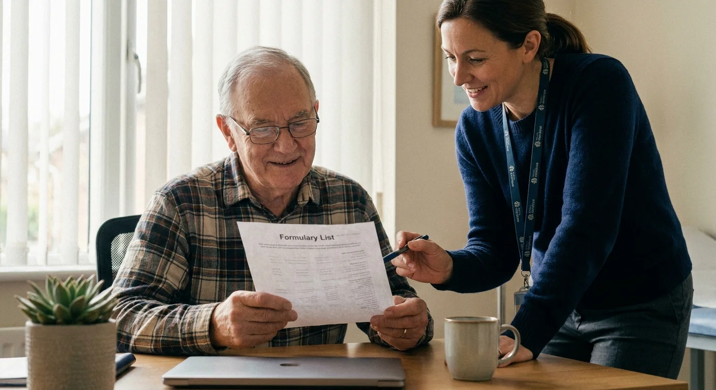 A senior man and his doctor collaboratively reviewing a medication list during a consultation.