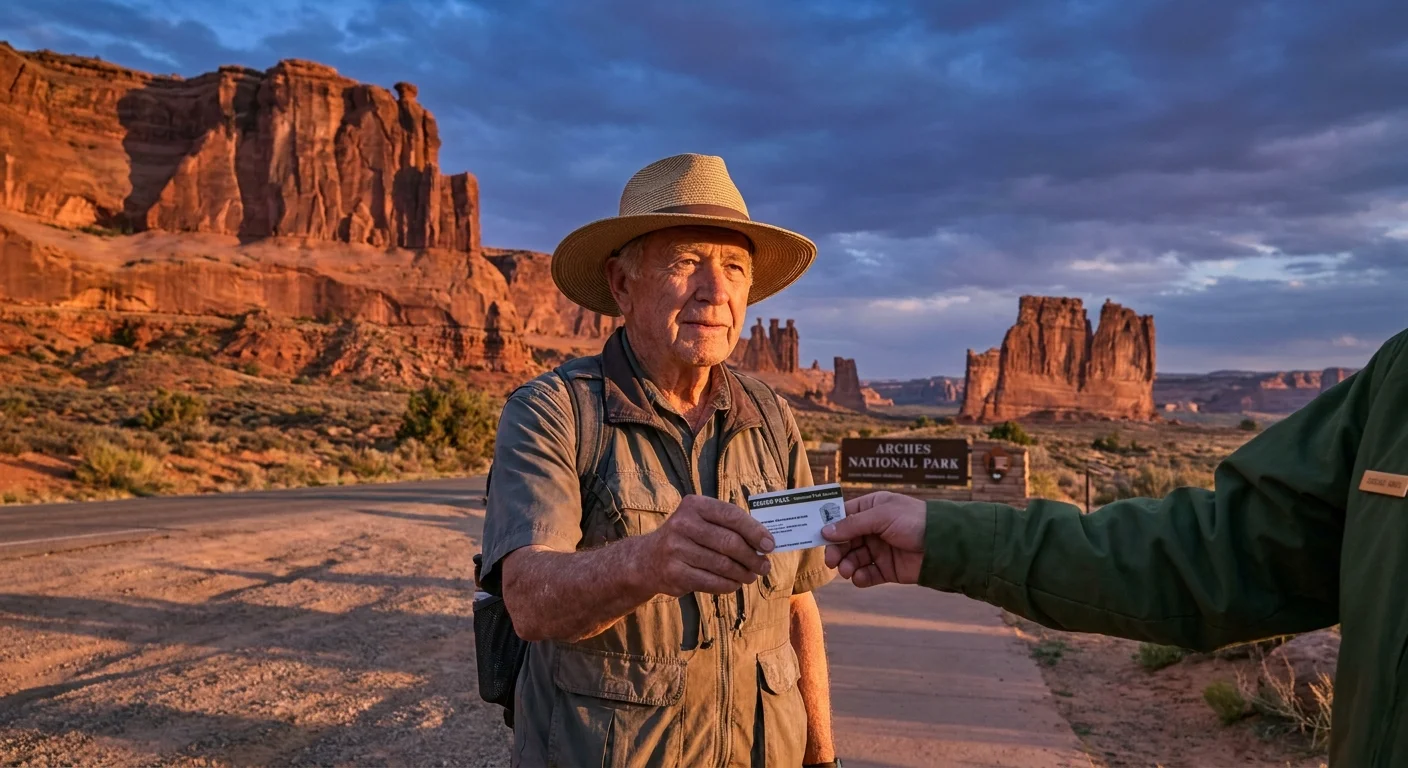 A senior man at a National Park entrance showing his Senior Pass to a ranger with mountains in the background.