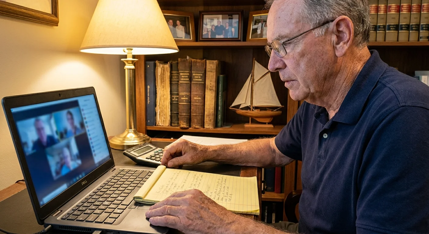 A senior man in his home office conducting a virtual mentoring session with a laptop and a notepad full of professional advice.