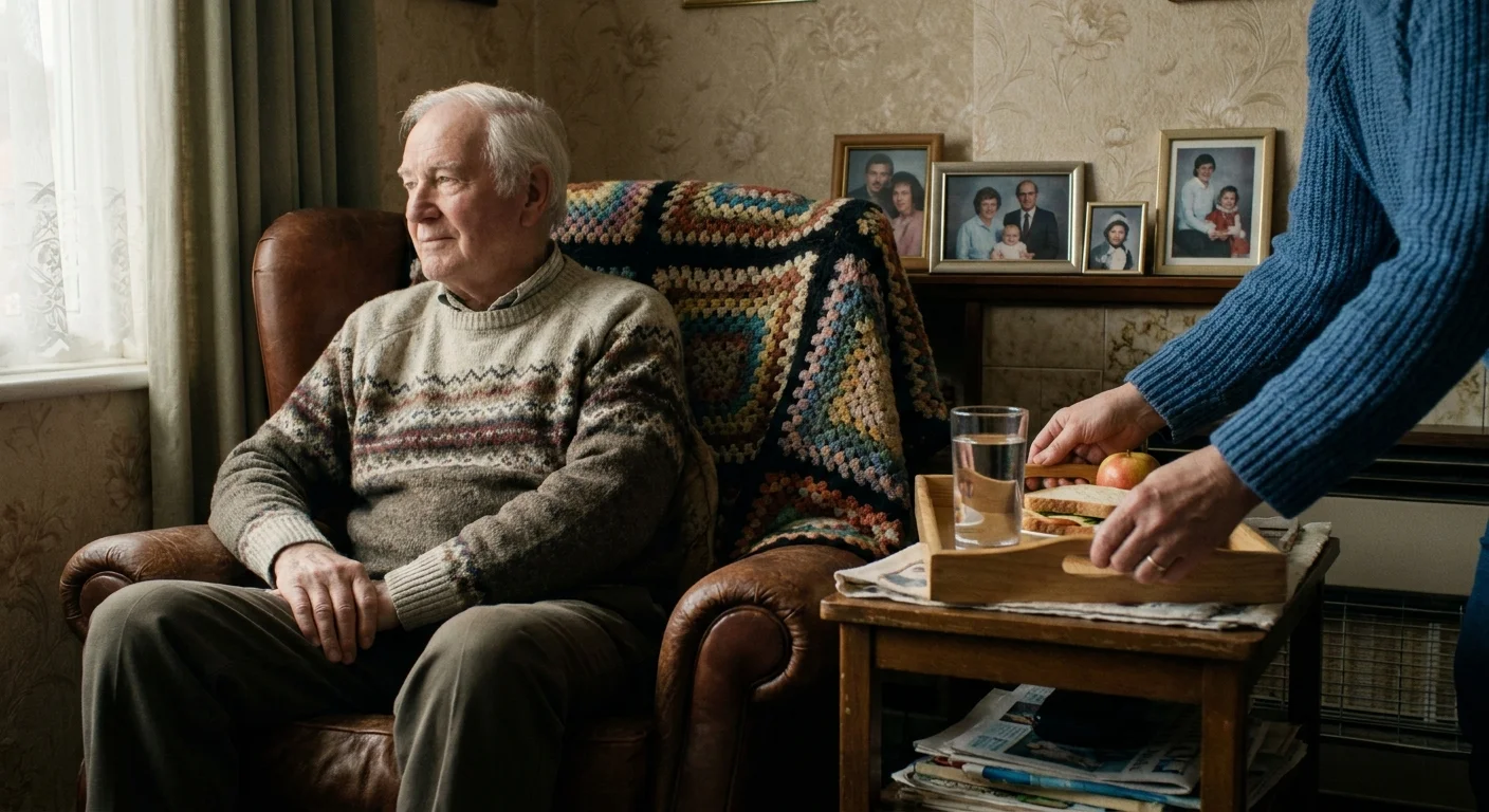 A senior man relaxes in his living room as a caregiver provides assistance, highlighting the comfort of aging in place.