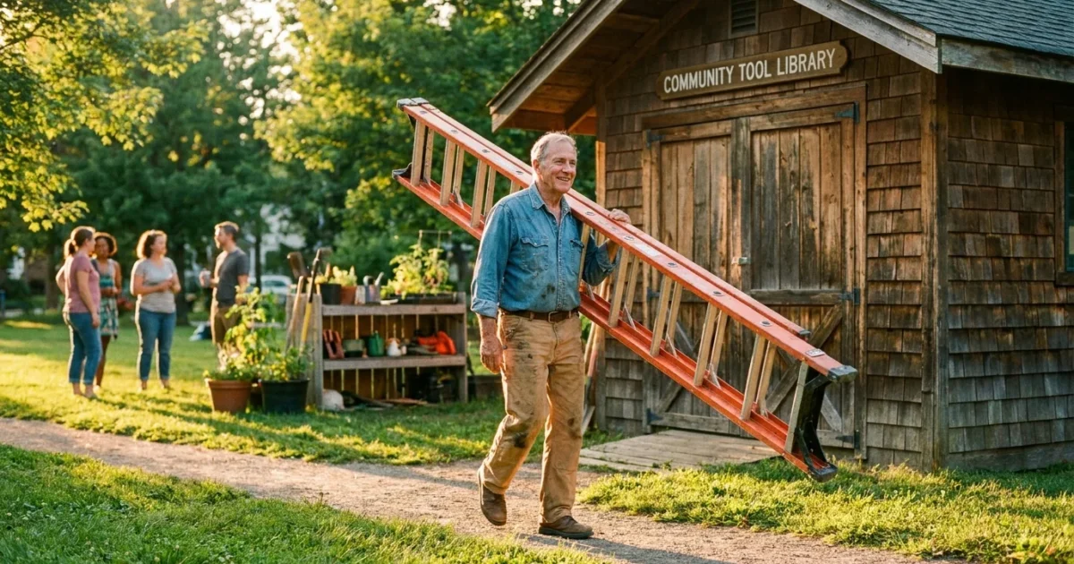 A senior man returns a borrowed extension ladder to a local community tool sharing shed during a sunny afternoon.