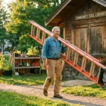 A senior man returns a borrowed extension ladder to a local community tool sharing shed during a sunny afternoon.