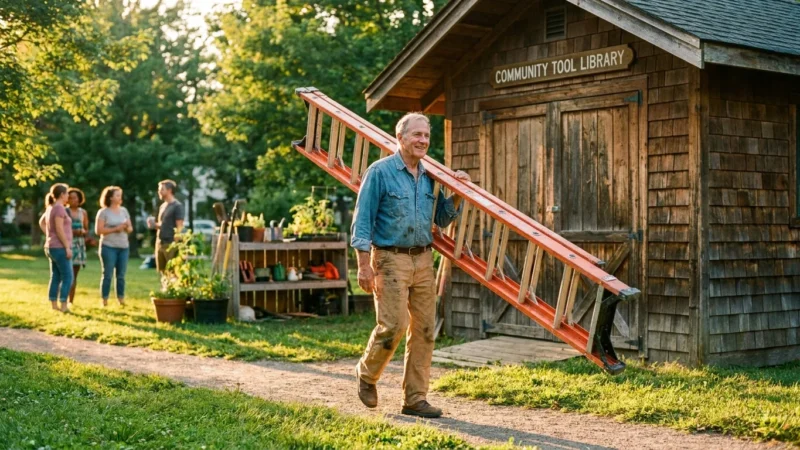 A senior man returns a borrowed extension ladder to a local community tool sharing shed during a sunny afternoon.