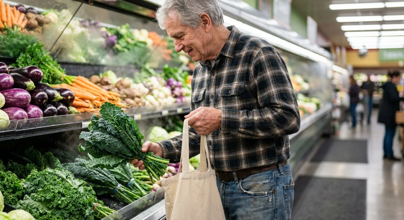 A senior man shopping for fresh vegetables in a well-lit grocery store produce section.