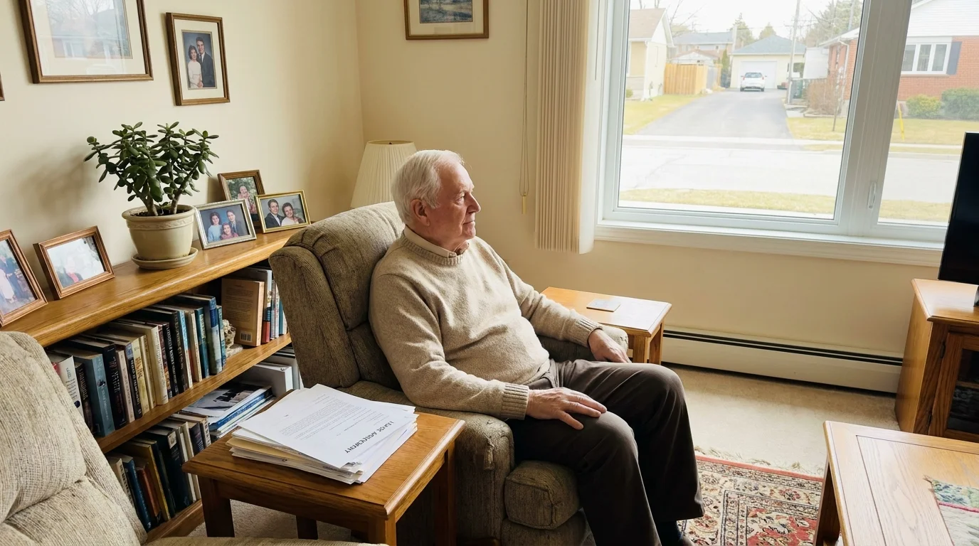 A senior man sitting peacefully in a sun-drenched living room with a lease agreement on the table.