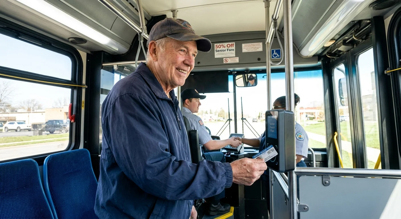 A senior man uses a transit pass to board a community shuttle bus, showing the ease of local transportation benefits.