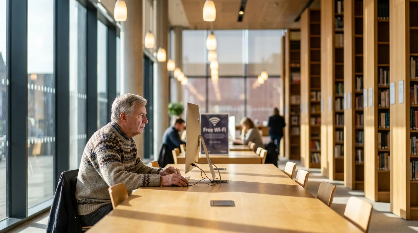 A senior man using a computer in a bright, spacious public library.