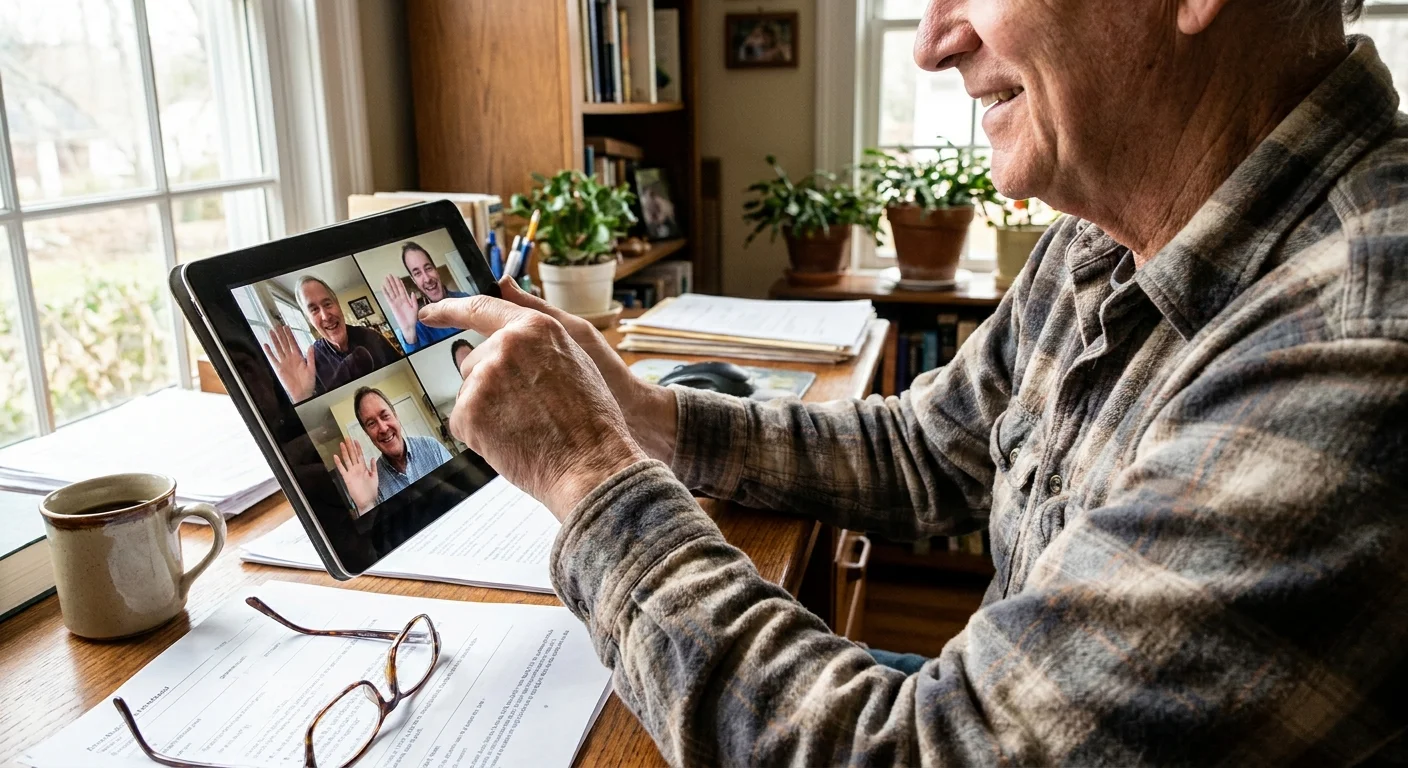 A senior man using a tablet to participate in a video call with friends.