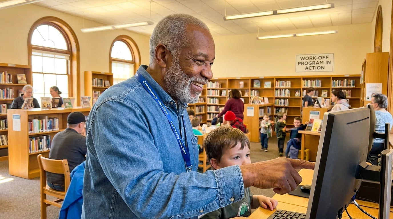 A senior man volunteering at a library, illustrating a program where seniors work for the town to reduce their tax bill.