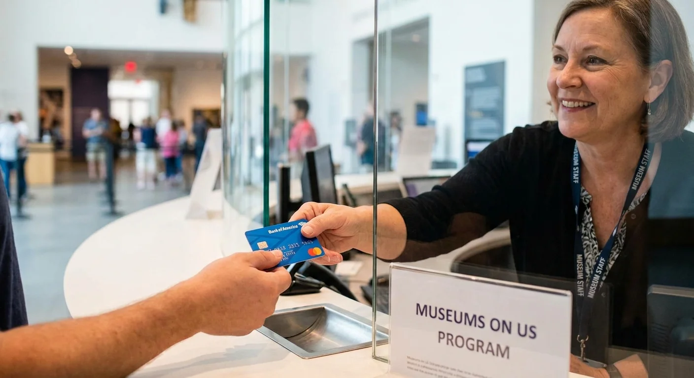 A senior presenting a bank card at a museum ticket counter with a 'Museums on Us' sign visible.