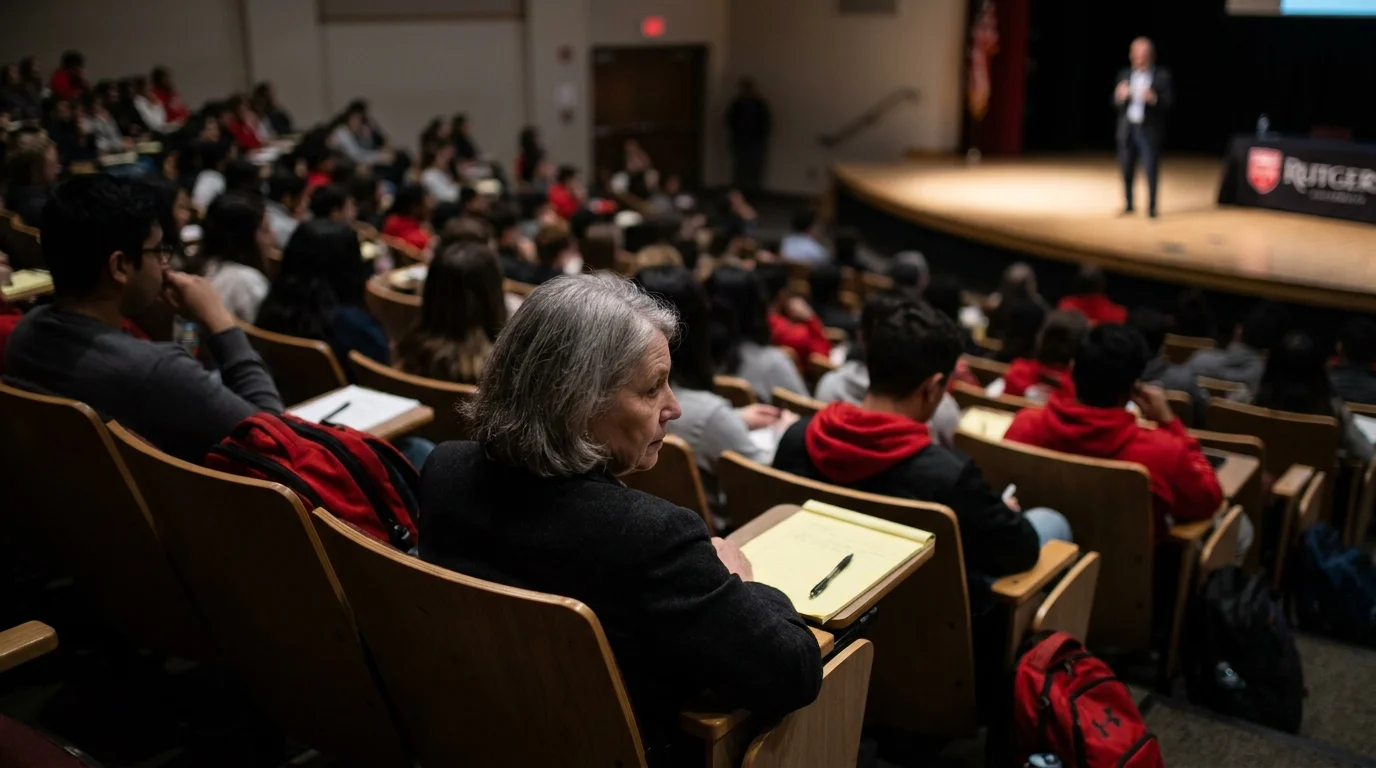 A senior student sitting in a Rutgers lecture hall, listening intently during a class audit.