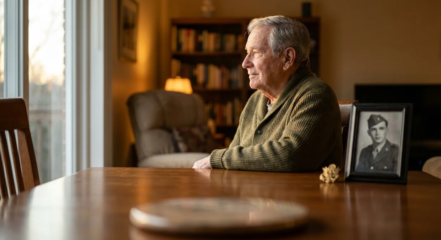 A senior veteran sitting by a window with his service pin and an old military photo on the table.