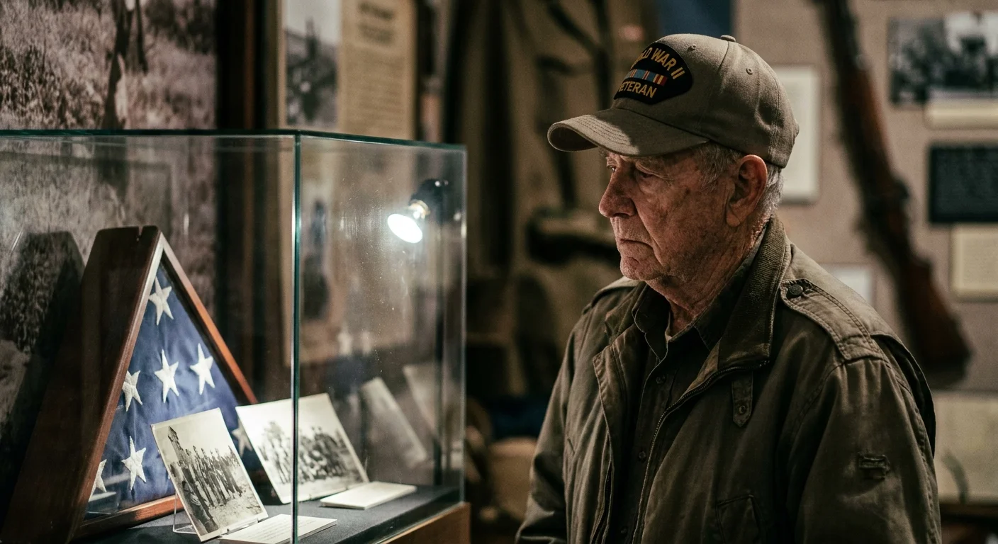A senior veteran wearing a military cap, looking thoughtfully at a historical museum exhibit.