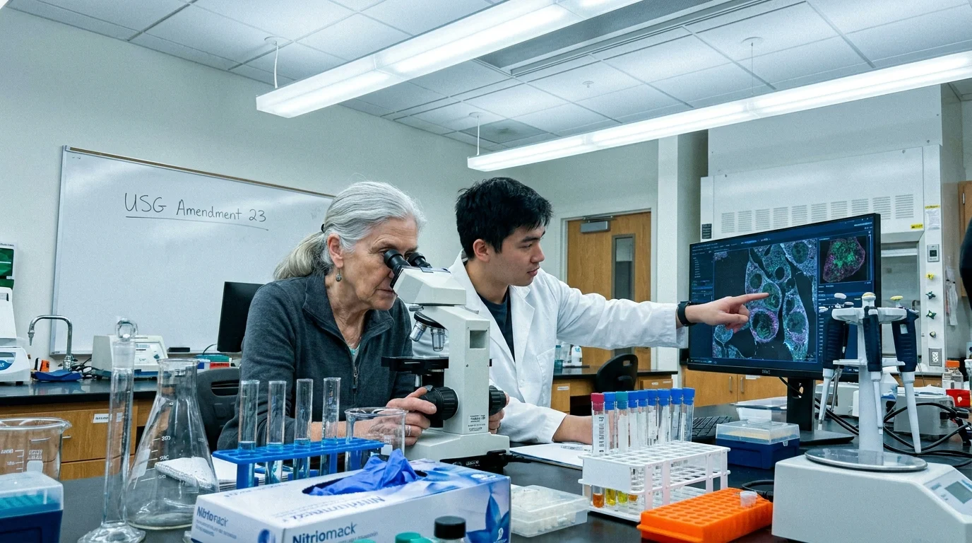 A senior woman and a younger student collaborate in a bright Georgia university science lab.