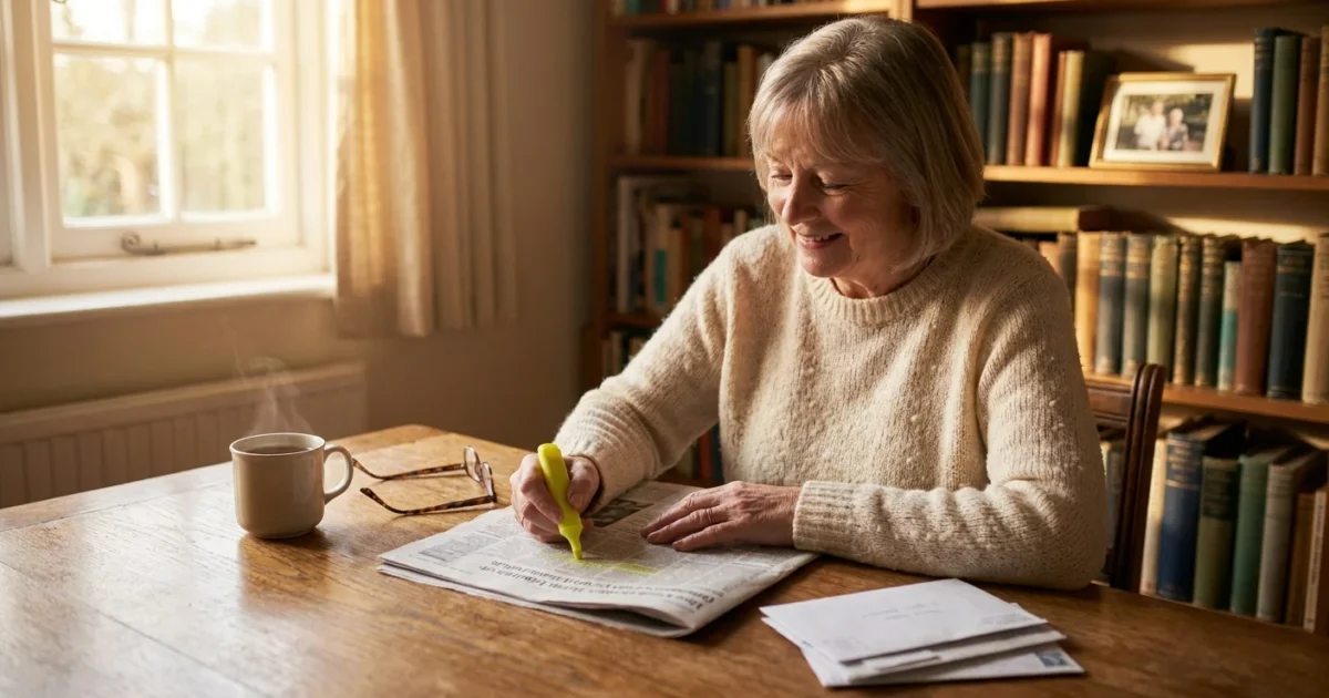 A senior woman at a wooden desk highlighting a newspaper, symbolizing the discovery of hidden savings.