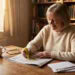 A senior woman at a wooden desk highlighting a newspaper, symbolizing the discovery of hidden savings.