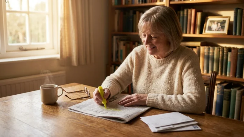 A senior woman at a wooden desk highlighting a newspaper, symbolizing the discovery of hidden savings.