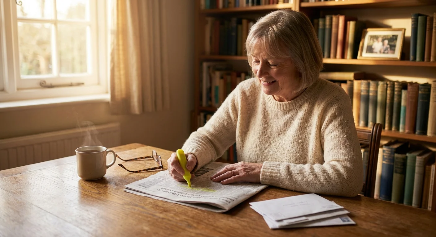 A senior woman at a wooden desk highlighting a newspaper, symbolizing the discovery of hidden savings.
