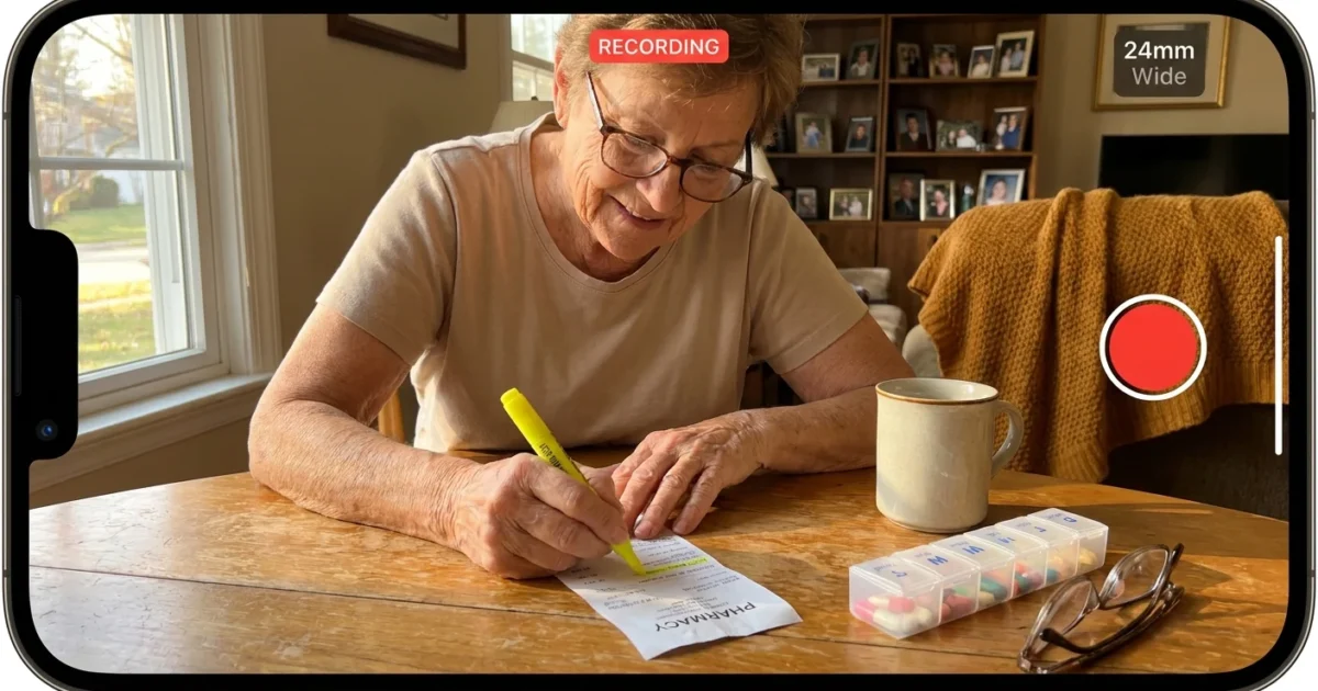 A senior woman at her kitchen table highlighting a list of medications, creating a sense of organized healthcare planning.